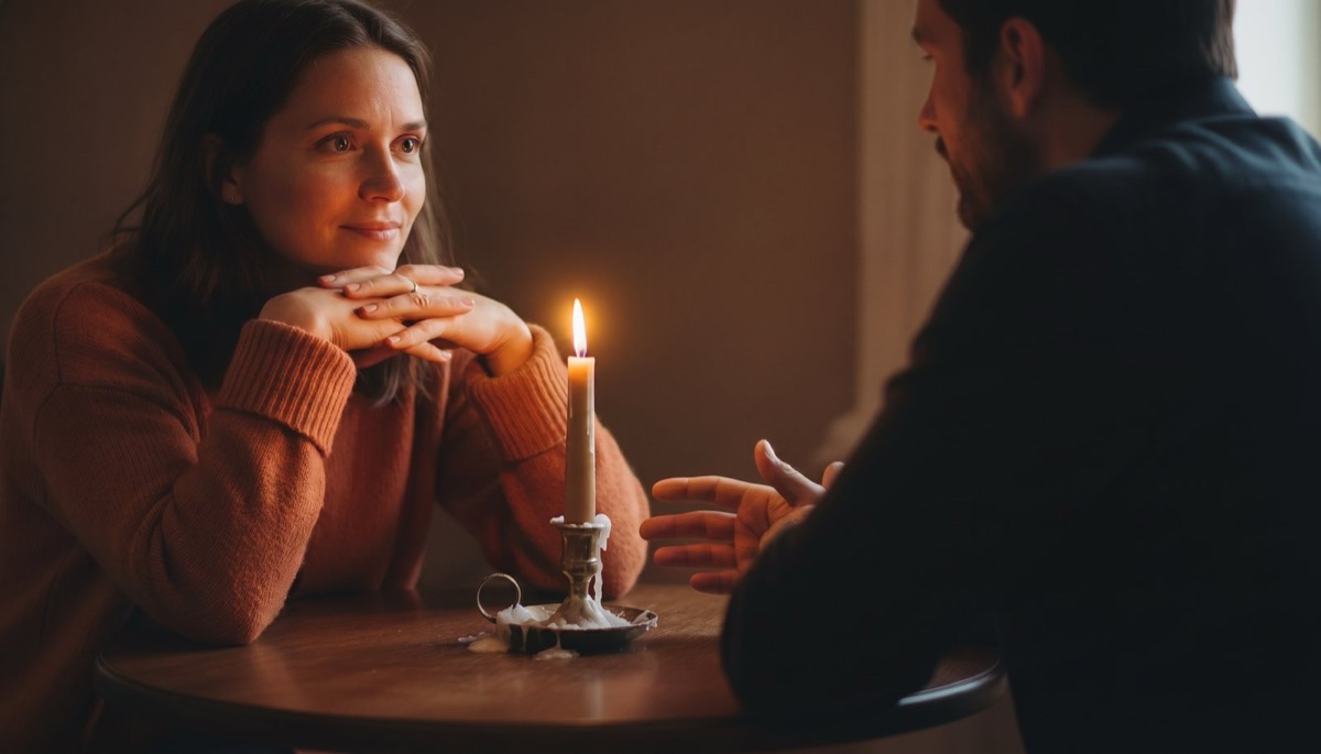 An empty curved red booth in a restaurant before the dinner crowd arrives, set for two with water glasses, a small candle and a single carnation