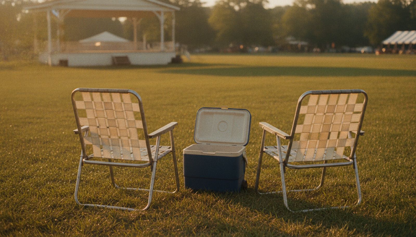 Two empty folding lawn chairs and a cooler on mown fairground grass at golden hour, an empty wooden bandstand in the distance