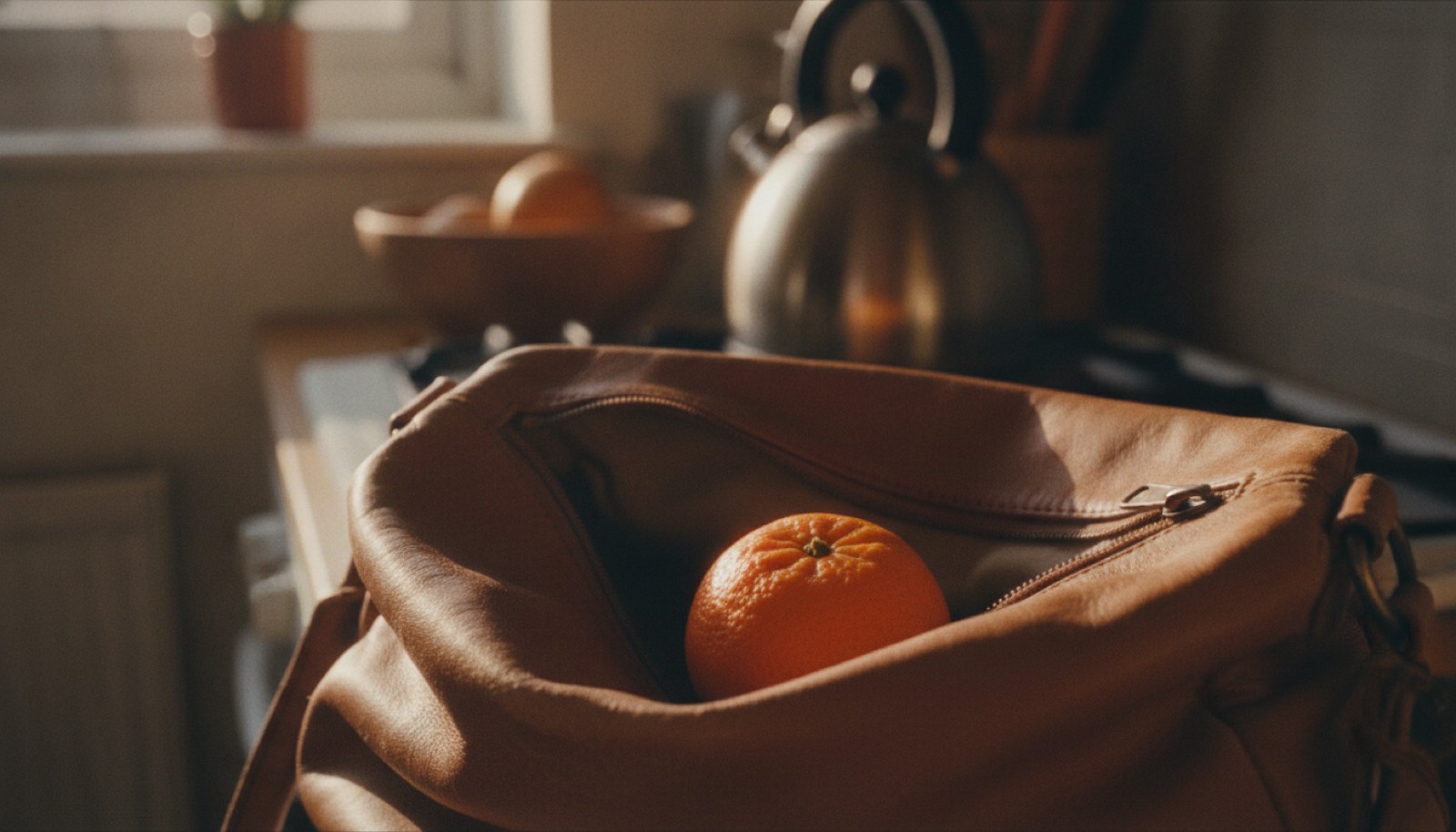 A clementine tucked into an open leather handbag on a kitchen counter in early morning light