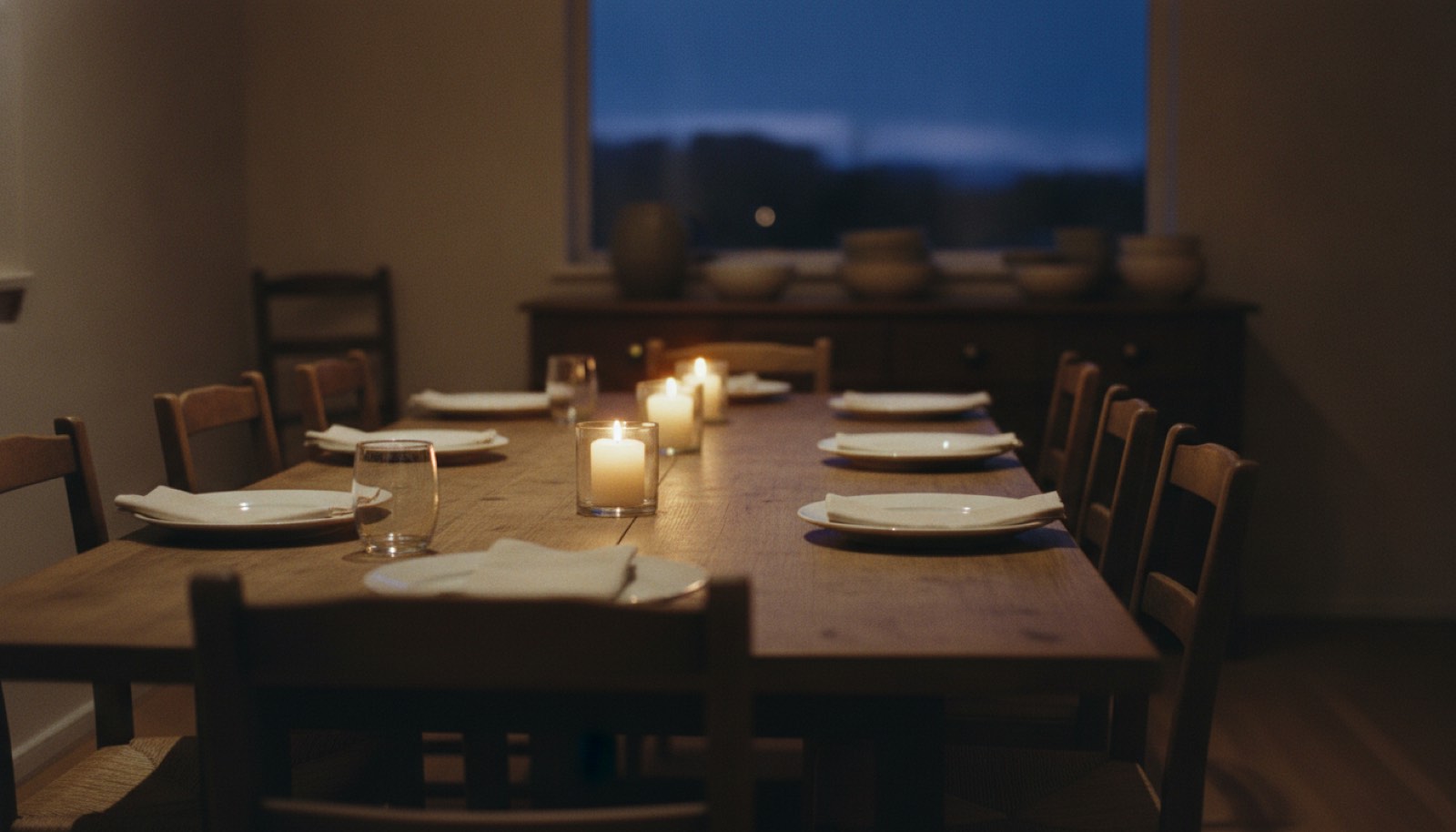 A dining room set for a group at dusk with folded napkins and chairs pulled out around a long table