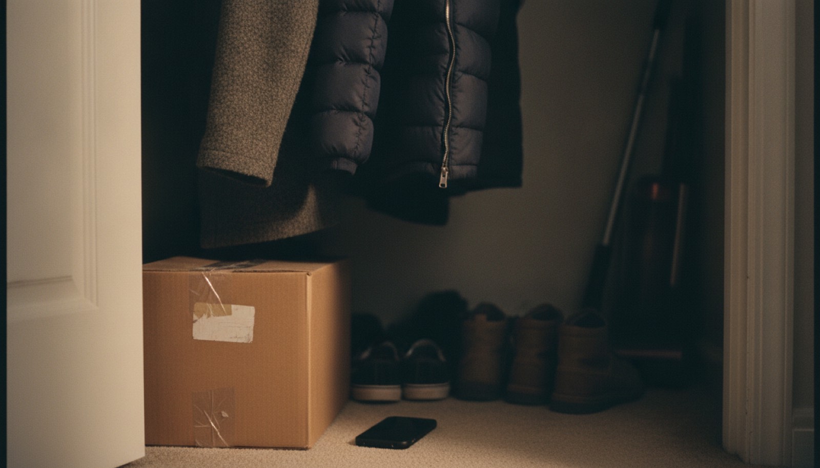 A plain brown cardboard carton pushed low behind hanging winter coats on the floor of a hall closet, with a phone lying face down on the carpet beside it