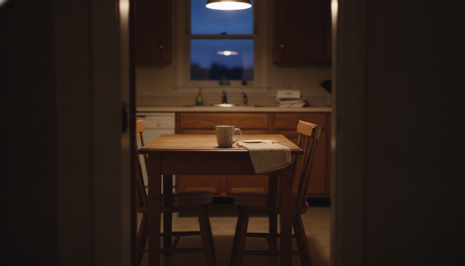 A kitchen table seen through a dark doorway before dawn, two wooden chairs pulled around to the same side of it and a single mug of coffee gone cold under one low warm bulb