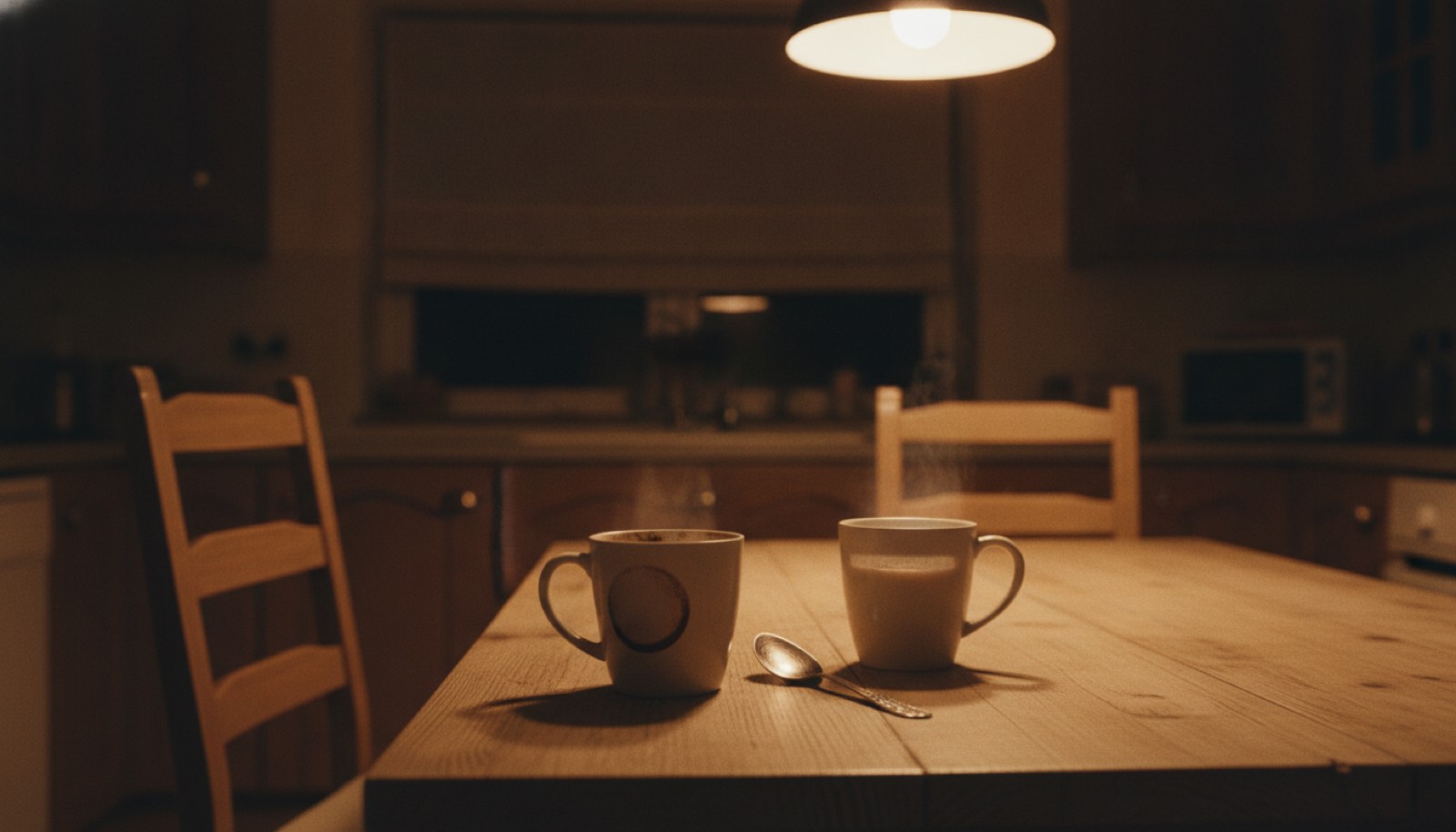 A pine kitchen table at night under a low warm pendant, two mugs of tea with one still full and long gone cold, and two chairs angled away from each other
