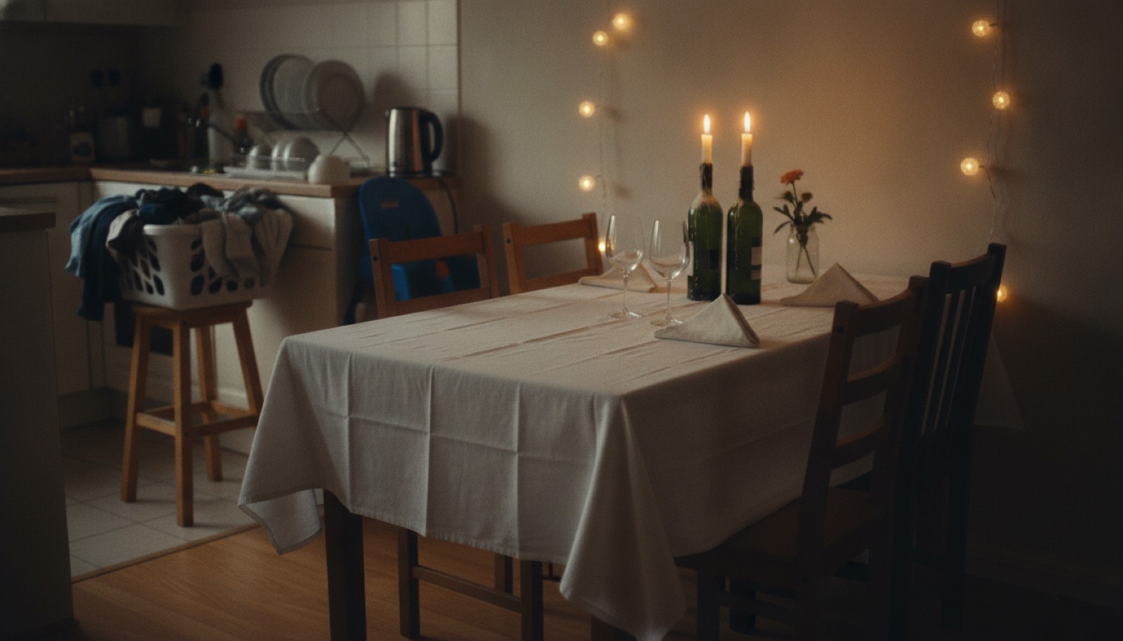 A family dining table covered with a white bedsheet and lit by two candles in bare wine bottles, with a laundry basket, a dish rack and a child's booster seat in the ordinary kitchen just behind