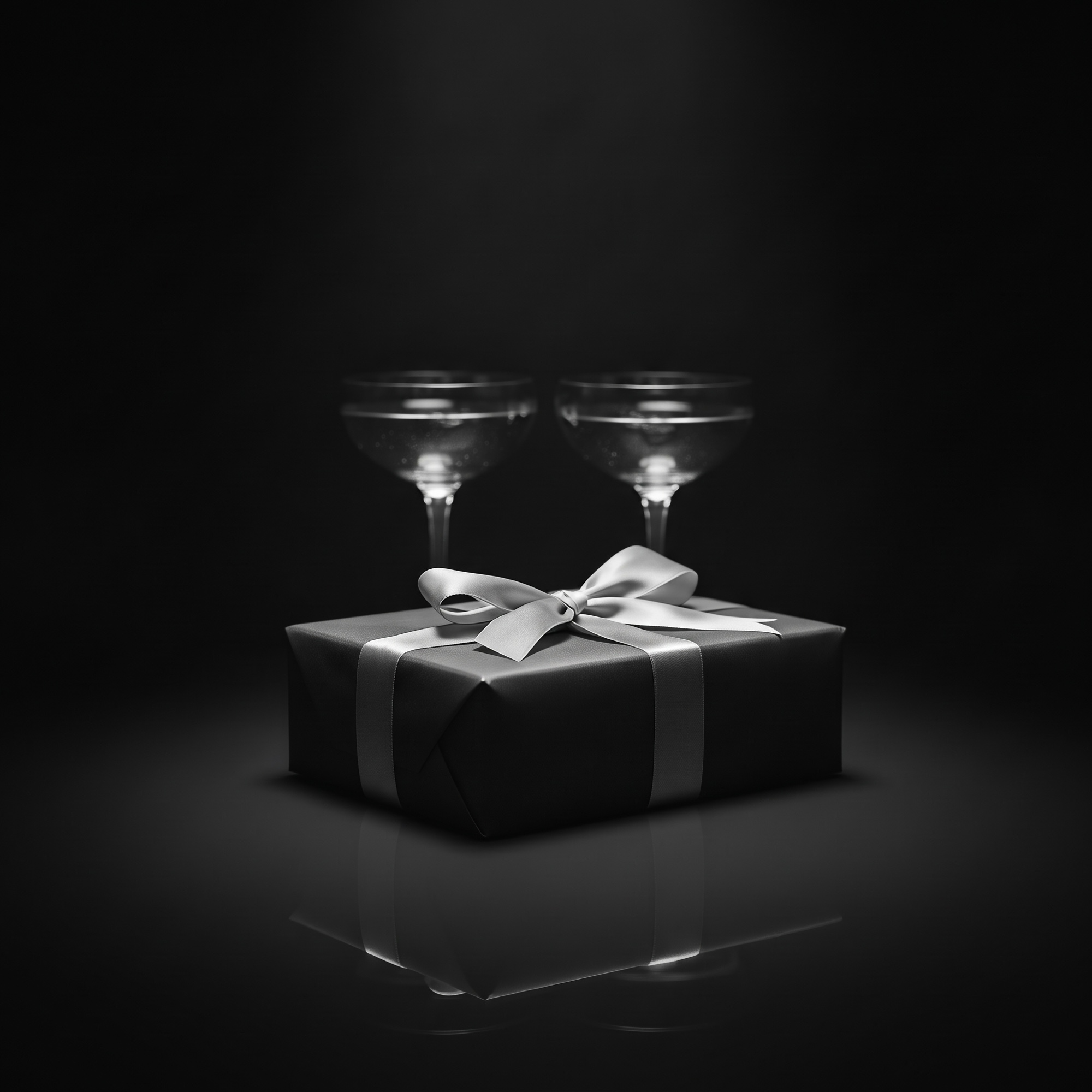 A silver gift box and two champagne glasses in cool grey light, set out for things to do on an anniversary.