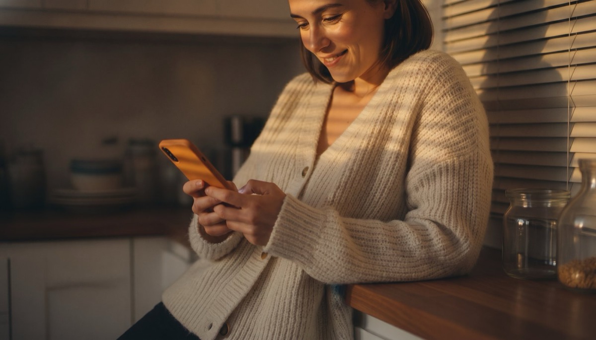 A phone lying face down on a kitchen counter beside a half-full coffee mug and a set of car keys