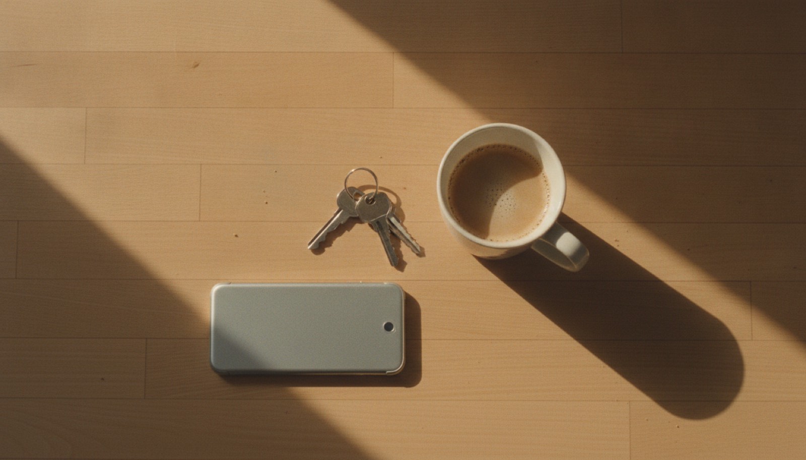 A phone lying face down on a kitchen counter beside a half-full coffee mug and a set of car keys