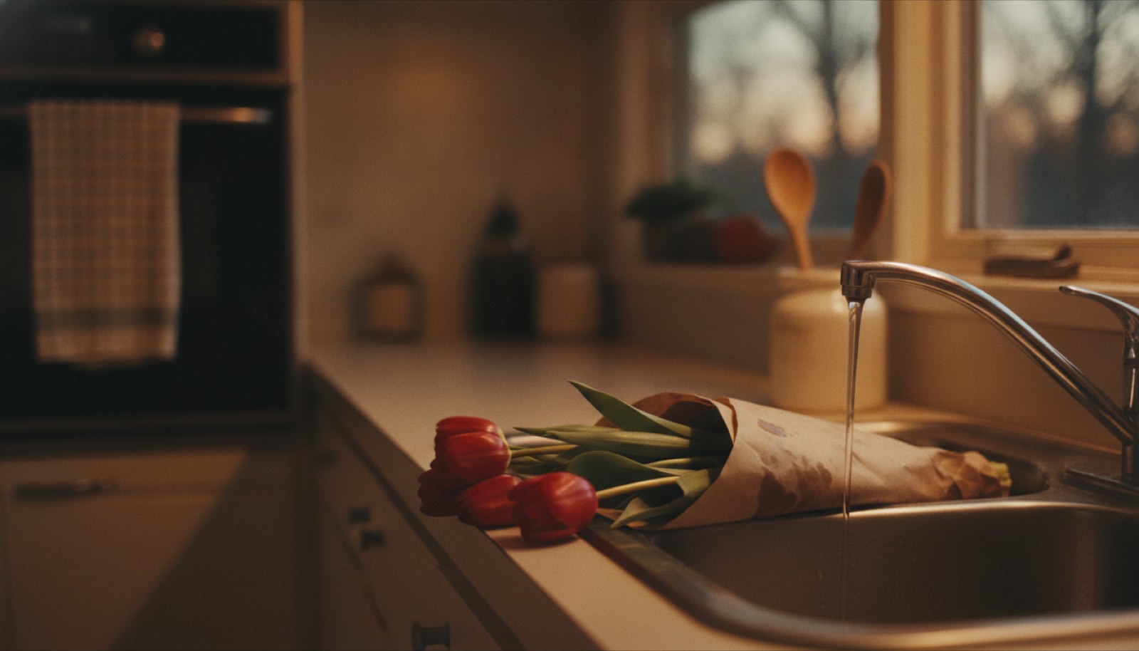 A bunch of red tulips still wrapped in plain brown paper laid on a kitchen counter beside the sink at winter dusk, the tap running over the cut ends