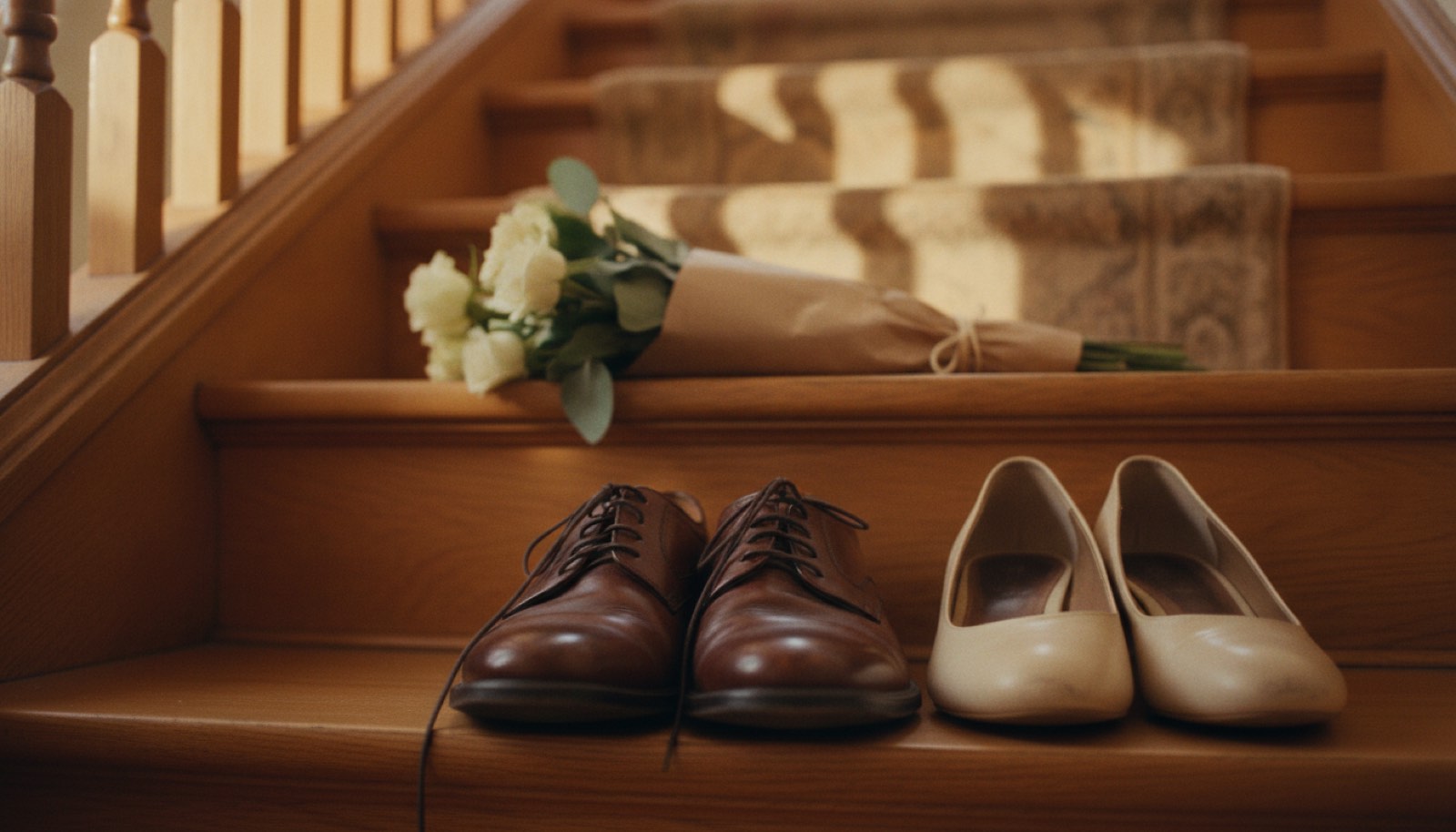 A pair of creased brown dress shoes and a pair of low cream heels set side by side on a warm oak stair tread, with a bunch of cream garden flowers wrapped in plain paper lying on the step above