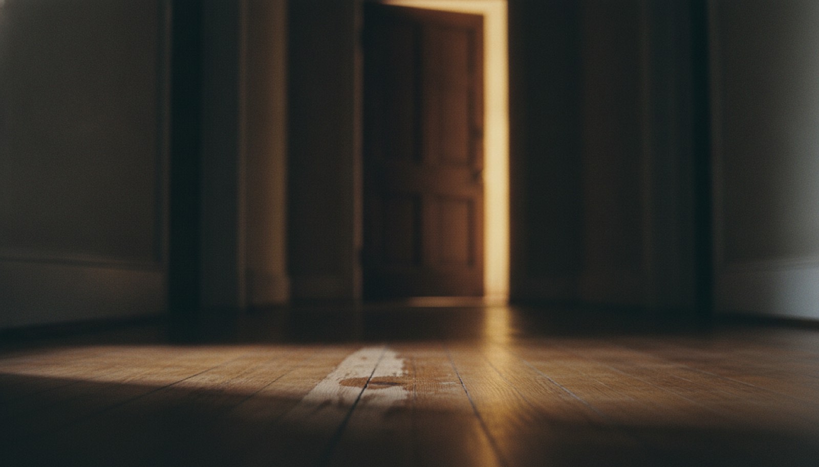 A hallway floorboard catching low light with a door ajar at the far end