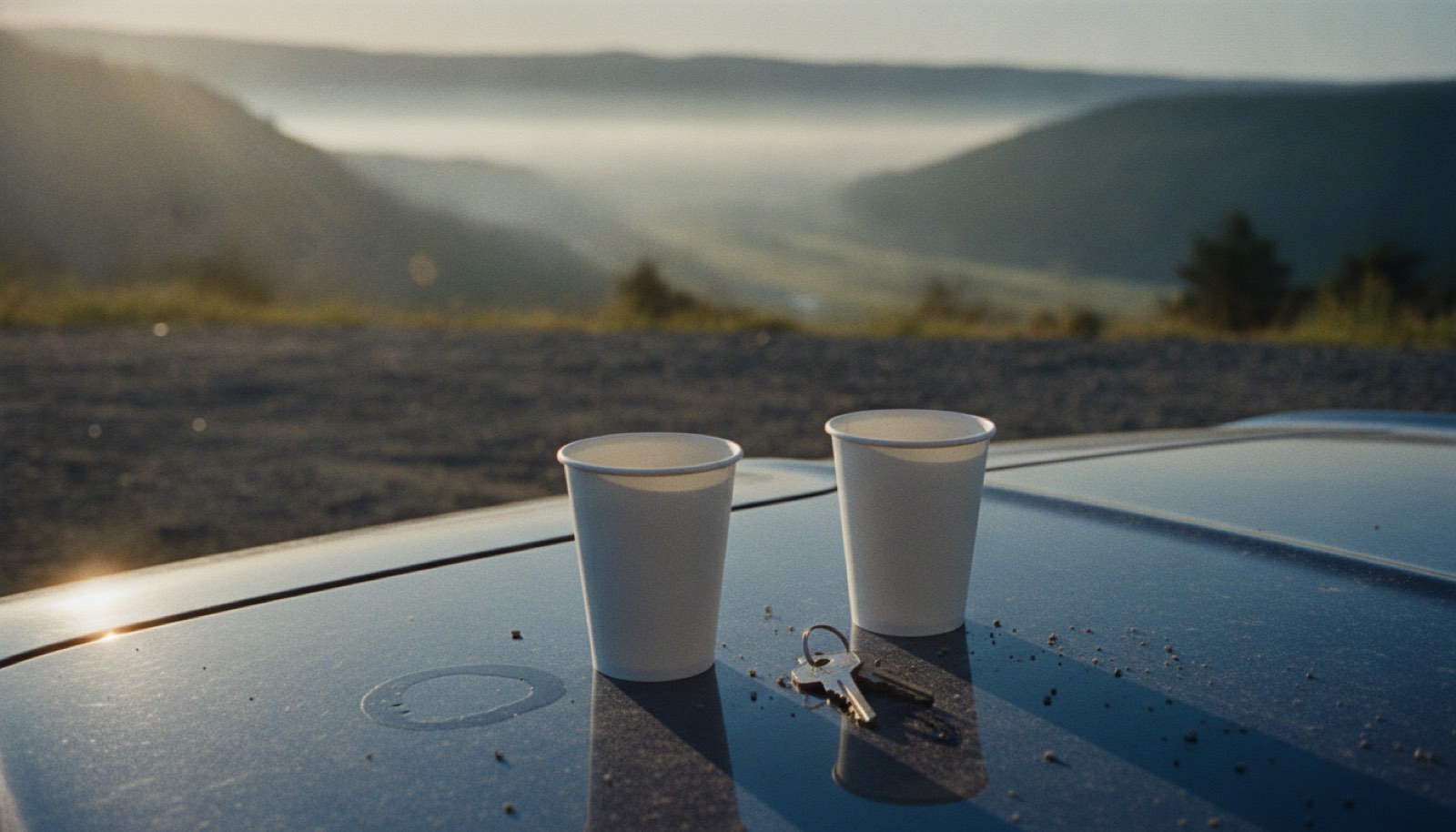 Two coffee cups and a set of car keys on the hood of a car parked at a gravel overlook in early light