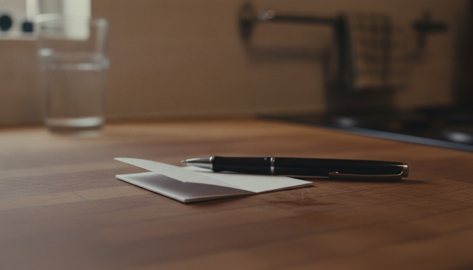 A folded index card with a pen laid across it on a kitchen counter in late evening light