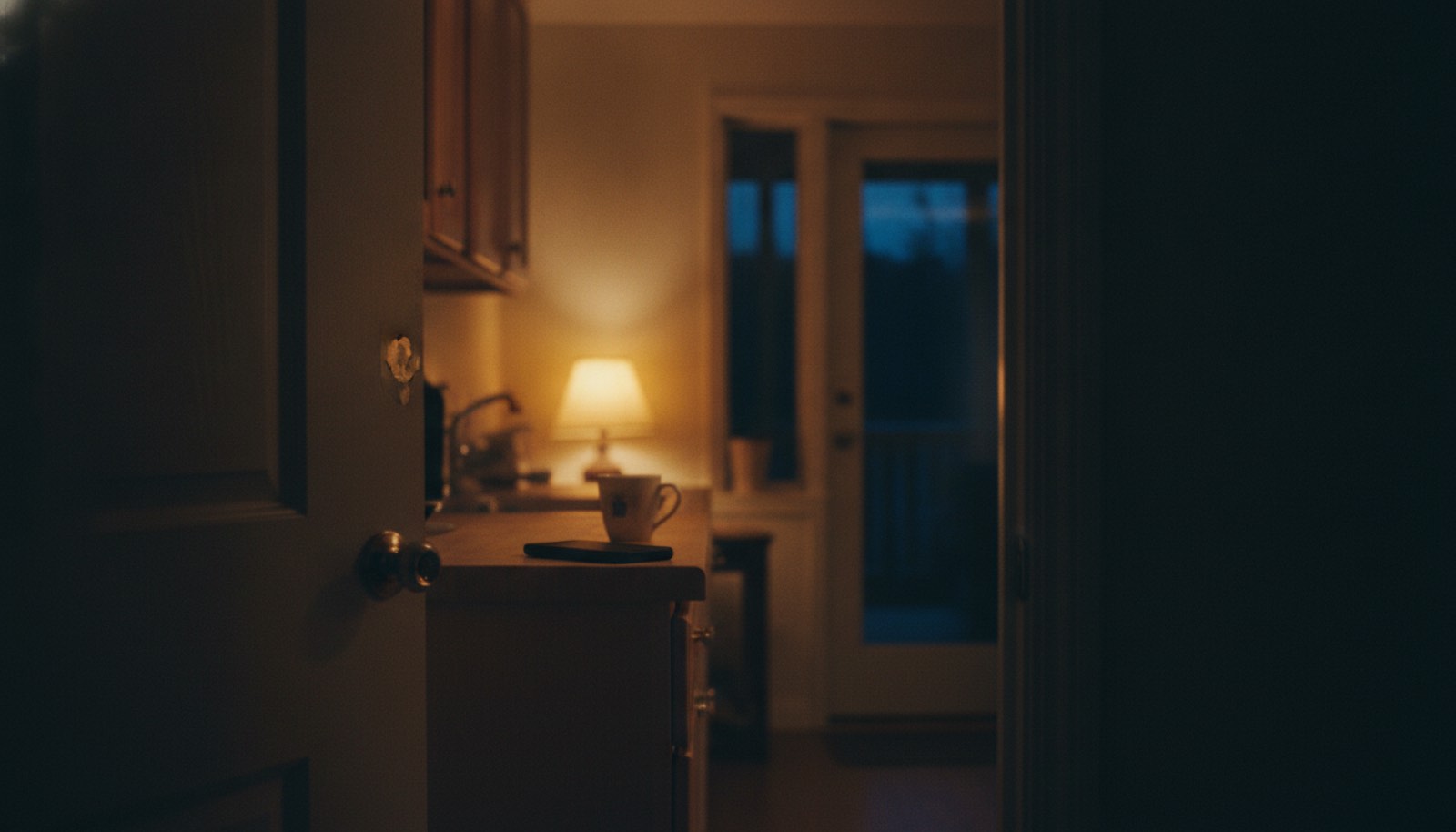 A phone lying face down on a kitchen counter beside a half-empty coffee mug, with a lamp glowing in the next room