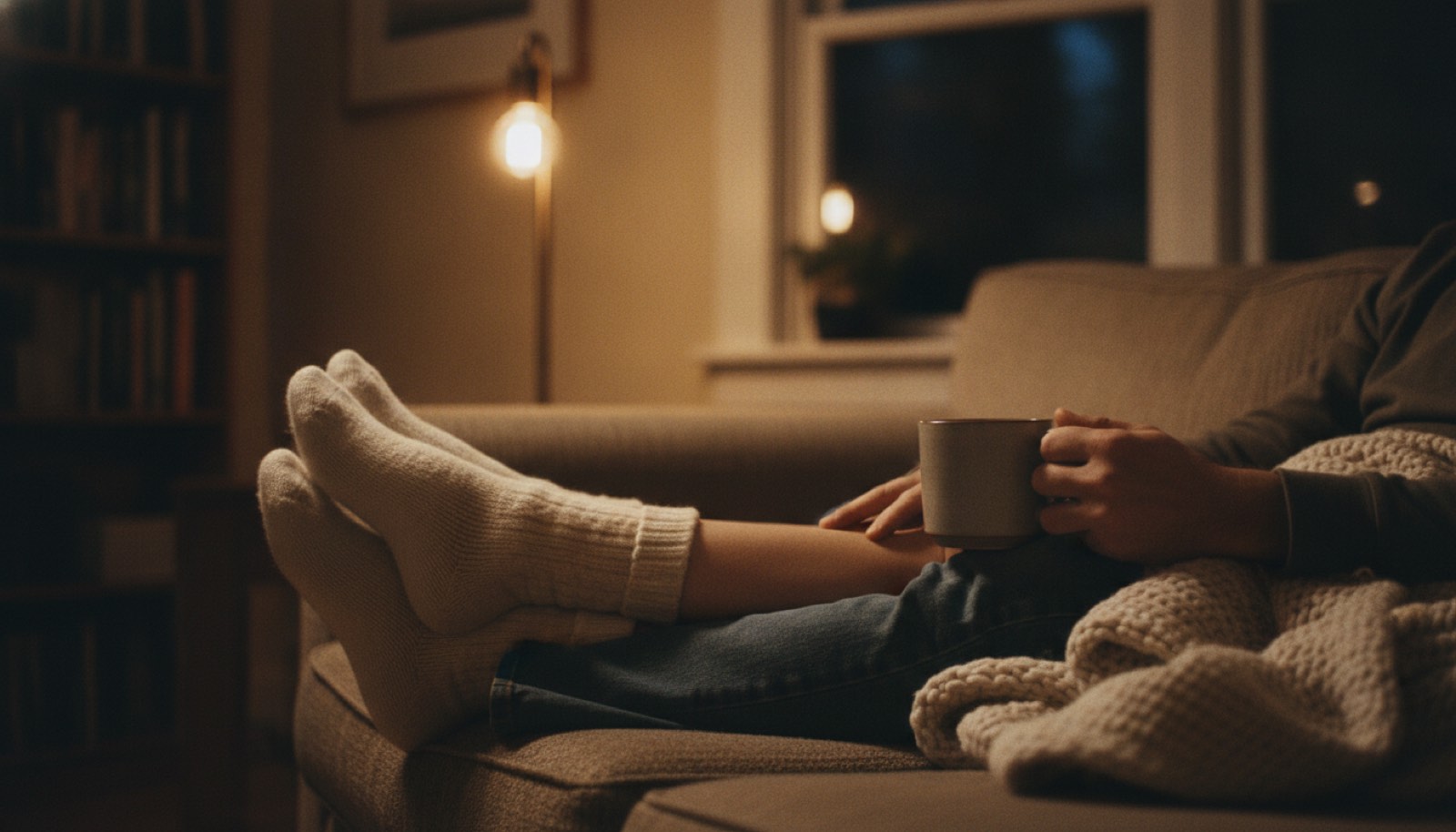 A couple on a couch in the evening, her feet in thick socks across his lap, his hand around a stoneware mug