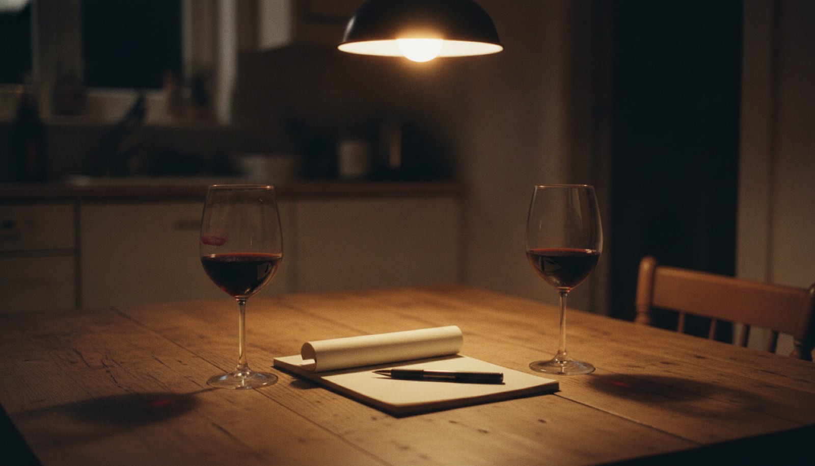 A kitchen table at night with two glasses of wine and a pad of paper turned face down beside them