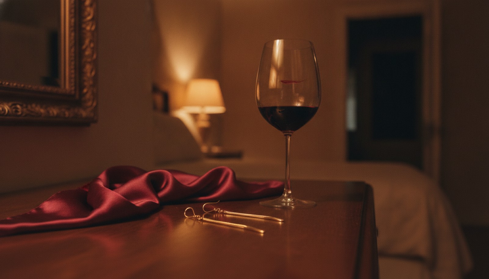 A pair of long gold dangling earrings laid on a bedroom dresser beside a folded red silk scarf and a wine glass holding a last inch of red, one warm lamp burning further along the wall
