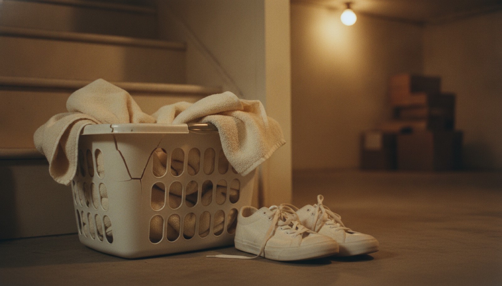 A laundry basket of folded towels and a pair of barely worn running shoes sitting on the bottom stair of a basement under warm light