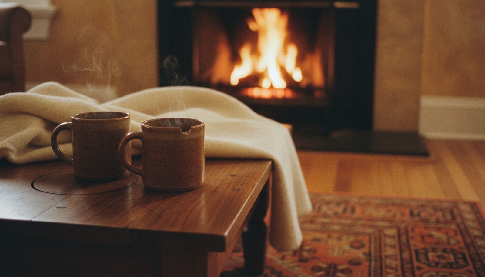 Two steaming mugs on a low wooden table beside a lit fireplace, with a folded wool blanket on the rug