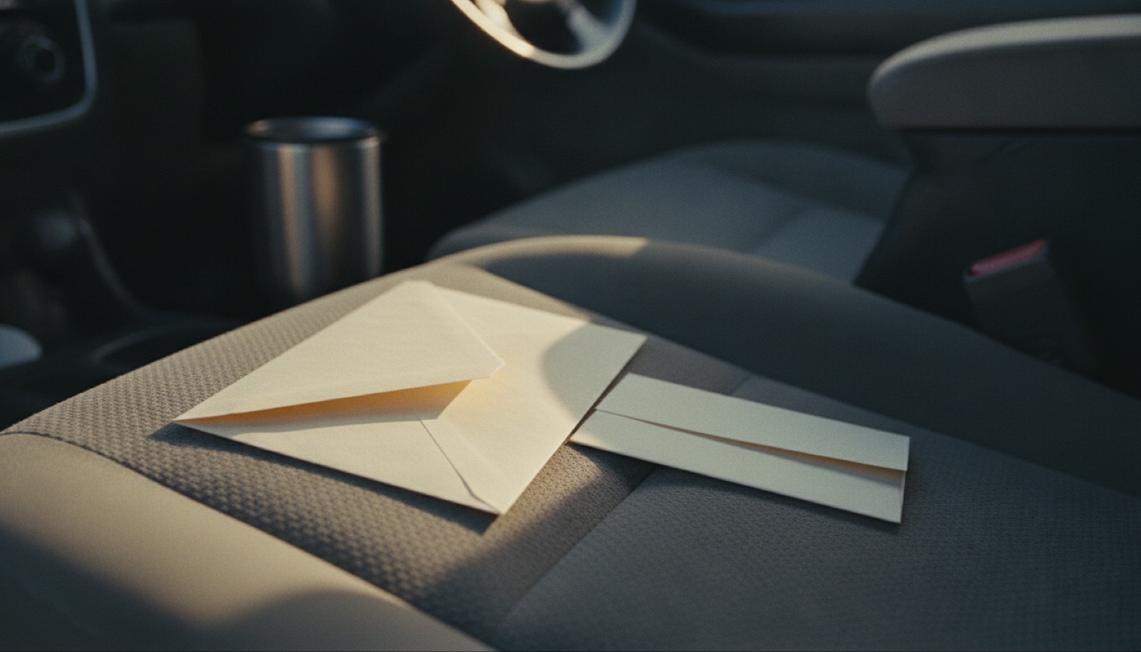 A blank cream envelope lying face down beside a twice-folded slip of paper on a car passenger seat, lit by a low band of early morning sun