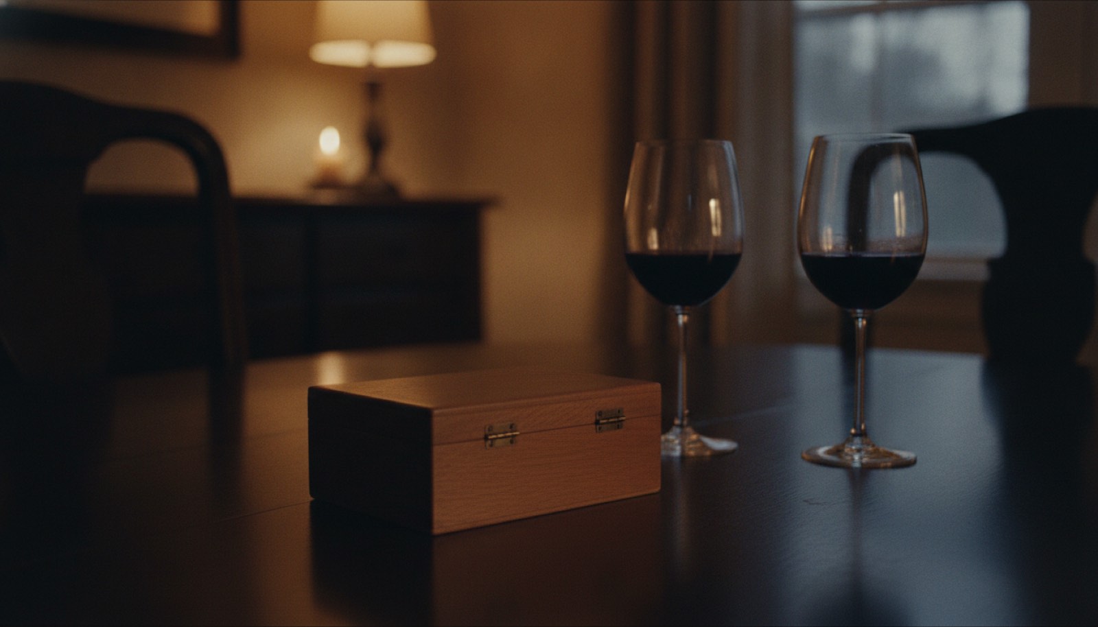 A closed walnut keepsake box with a plain unmarked lid on a dark polished dining table beside two glasses of red wine on a winter evening
