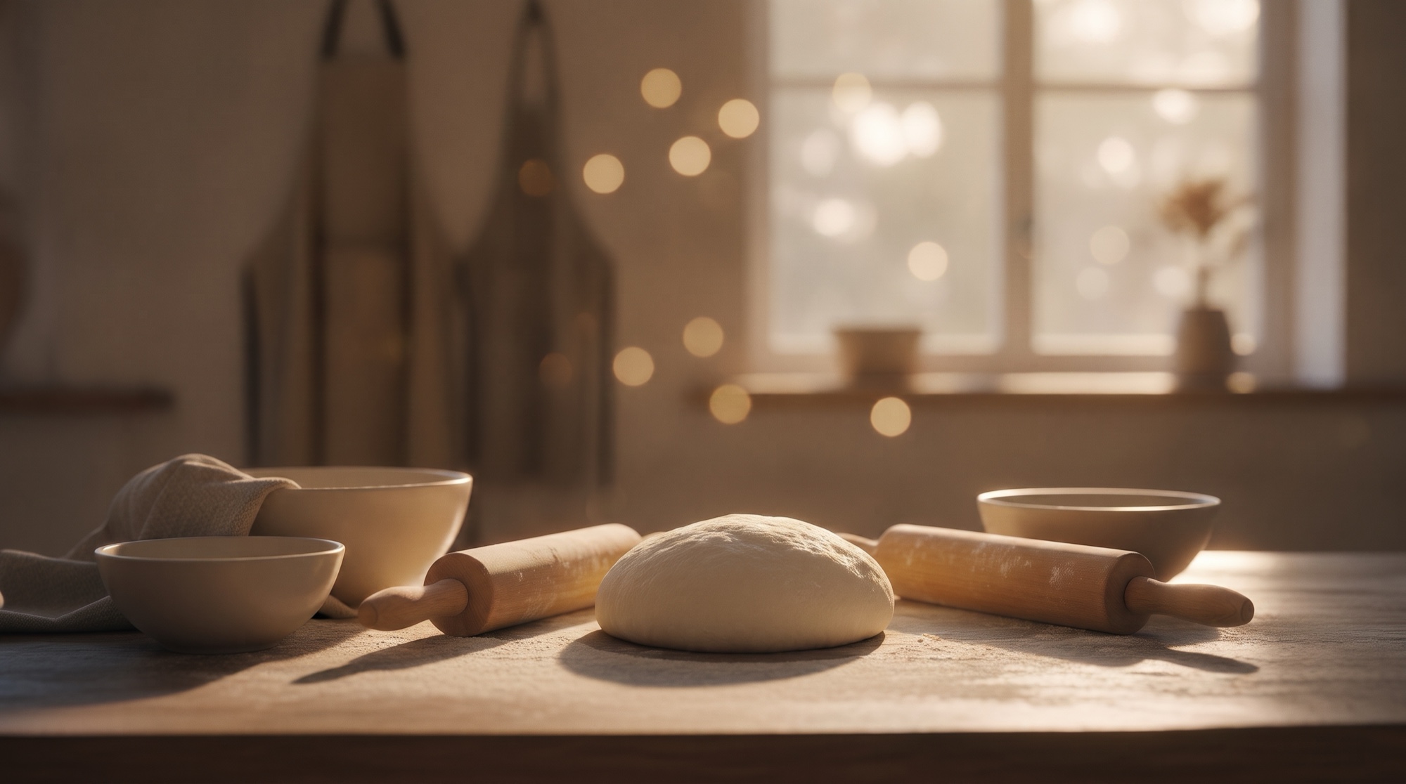 A rustic kitchen counter with a ball of bread dough, two rolling pins, and flour-dusted bowls in warm window light.