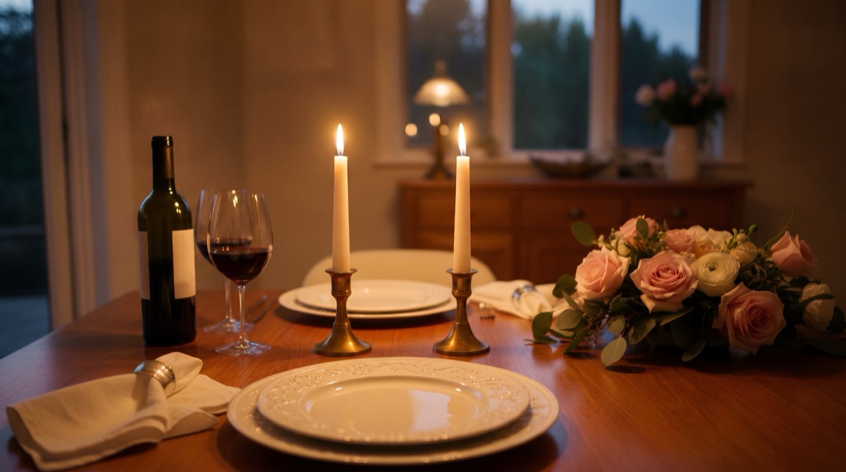 A formal dinner table set with two lit taper candles, china plates, a wine bottle and glass, and a pink rose centerpiece.