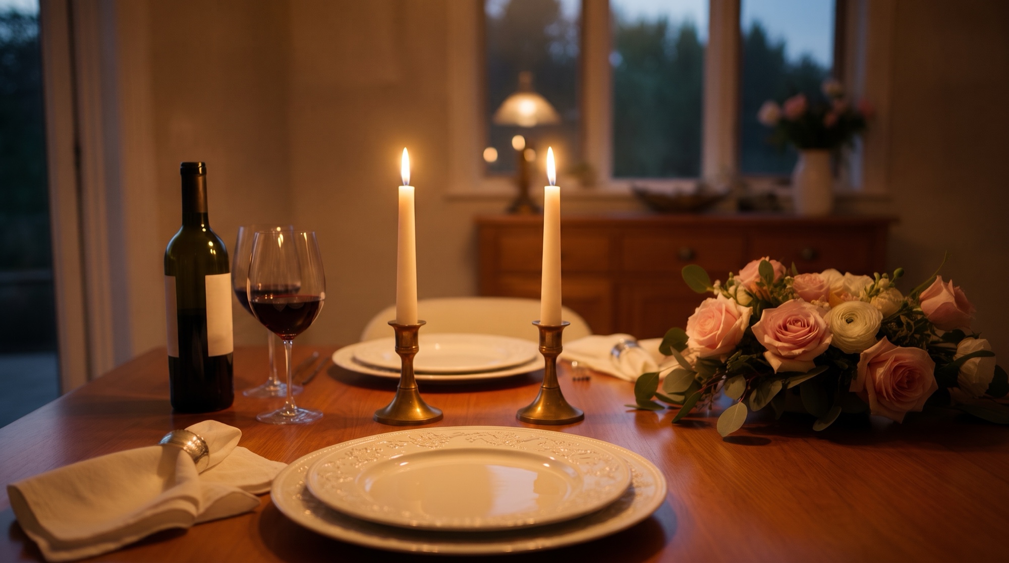 A formal dinner table set with two lit taper candles, china plates, a wine bottle and glass, and a pink rose centerpiece.