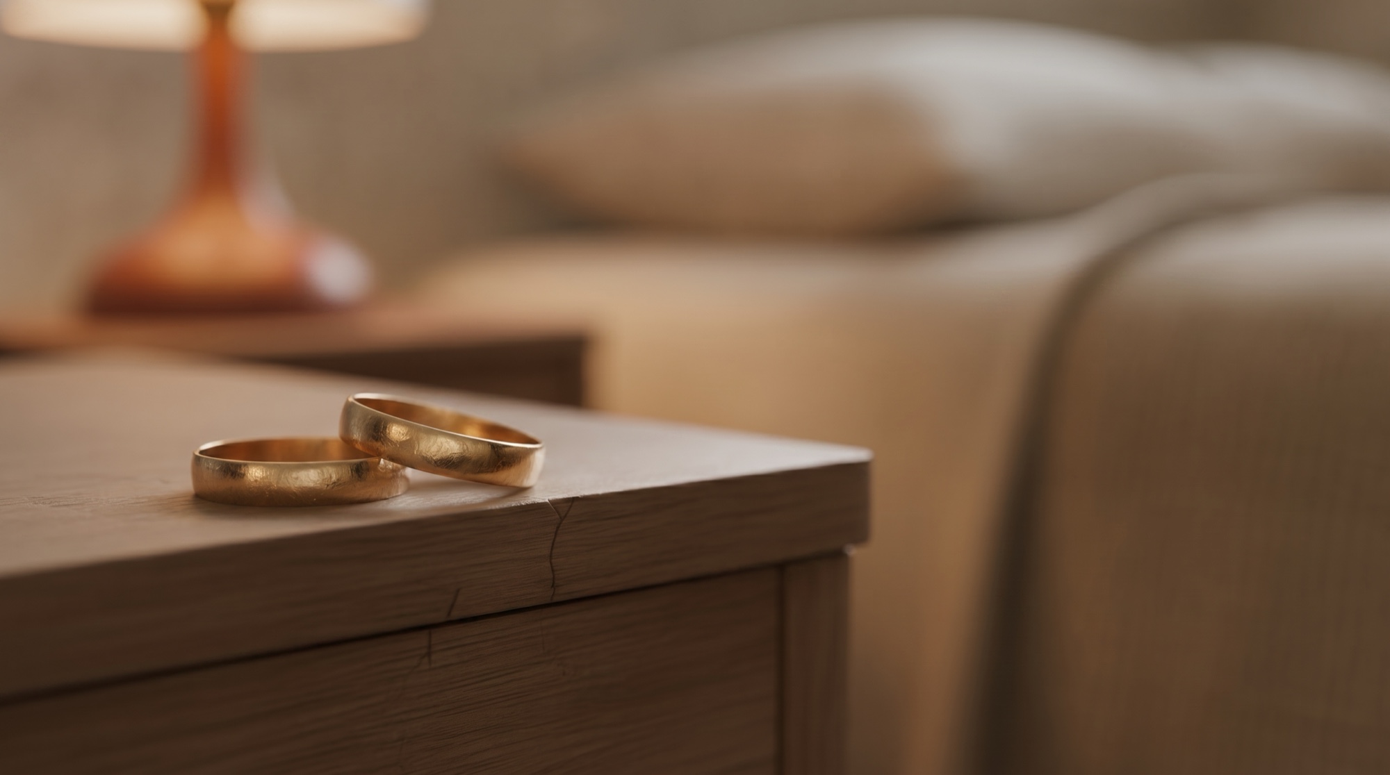 Two gold wedding bands resting on the edge of a wood nightstand, a lamp and sofa softly blurred behind.