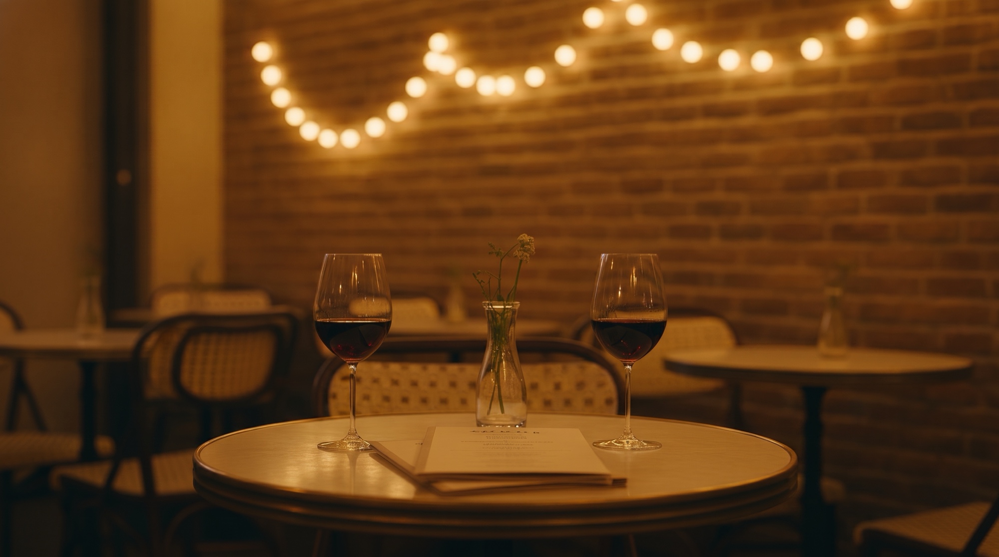 A round cafe table set with two glasses of red wine, a small flower carafe, and a closed menu, string lights glowing on a brick wall behind.