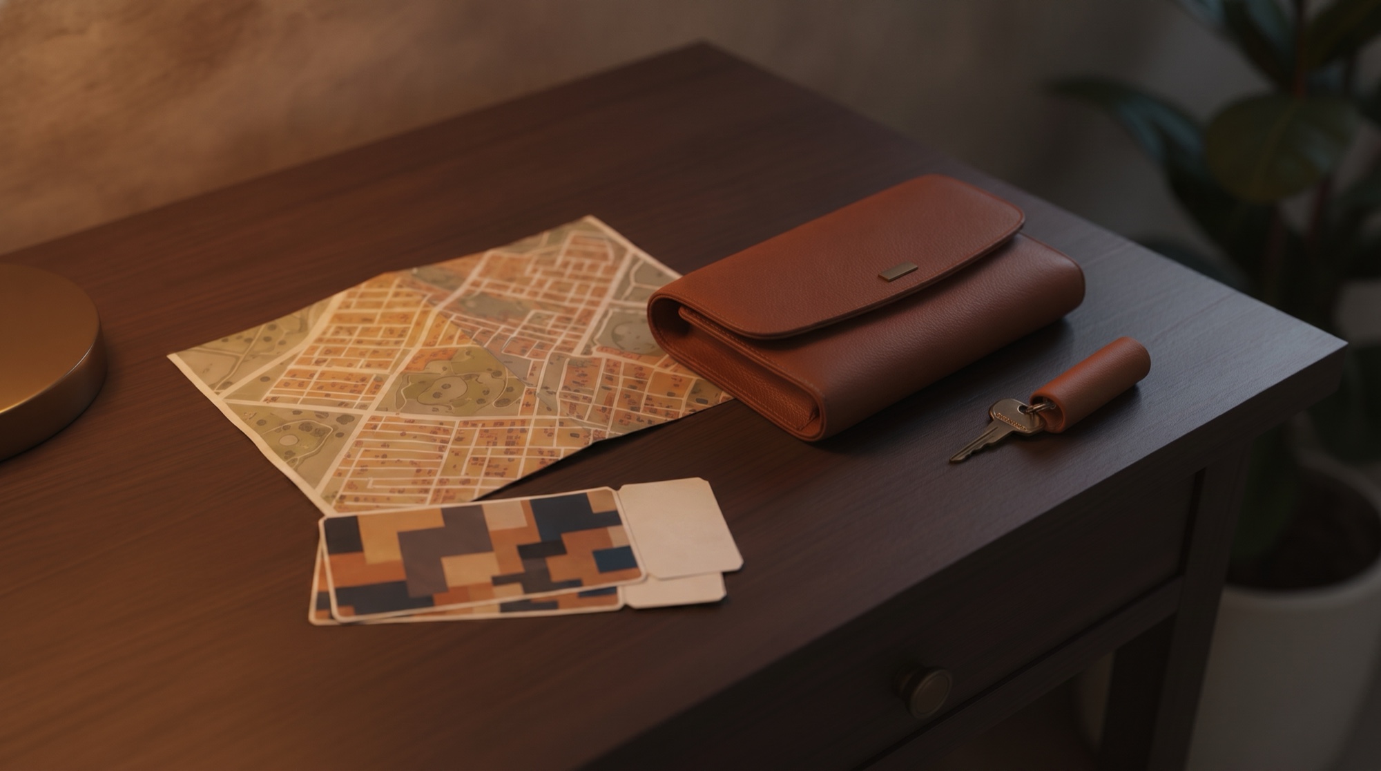A dresser top holding a folded city map, a brown leather clutch, a set of keys, and two patterned ticket cards.
