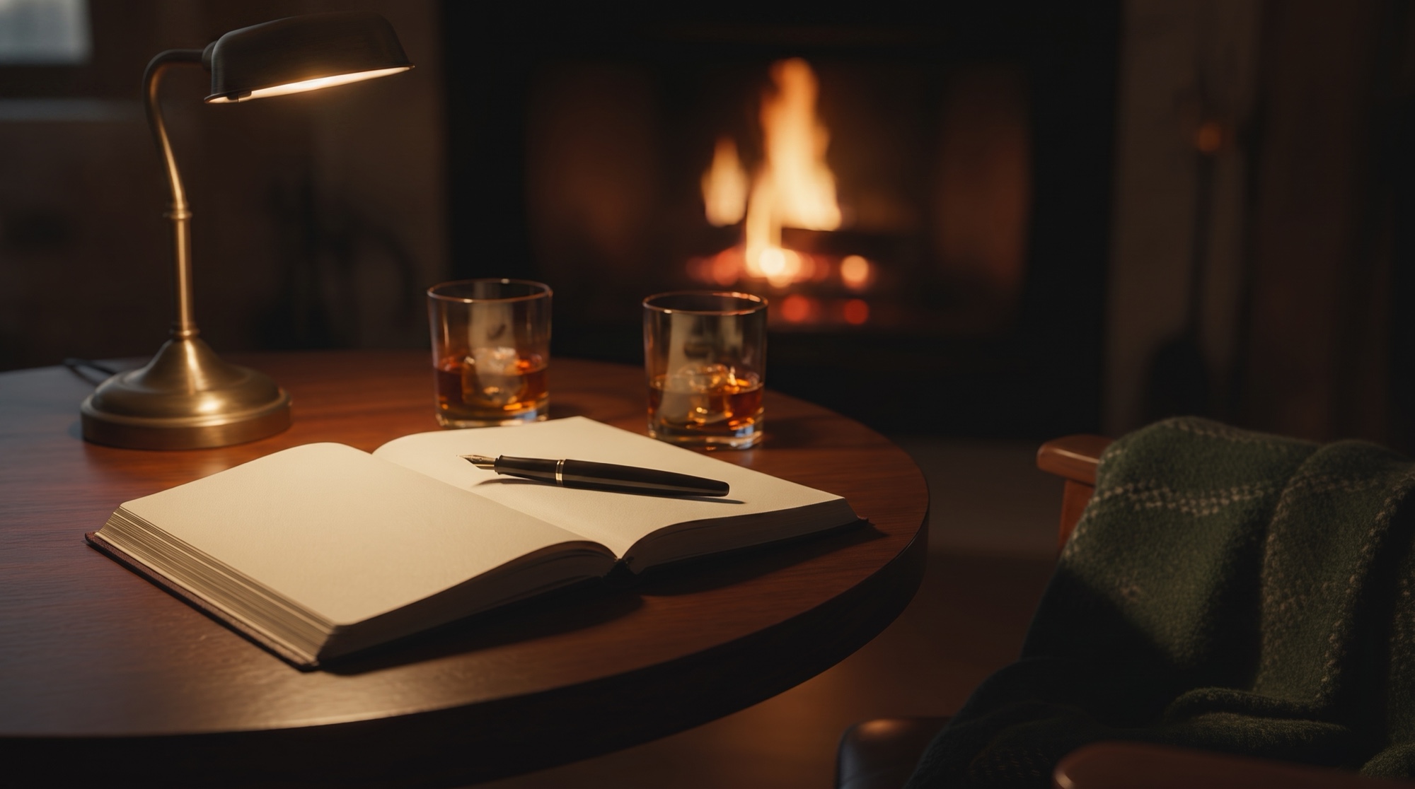 A fireside desk with a lit brass lamp, an open blank notebook and fountain pen, and two whiskey glasses, a fire glowing in the background.